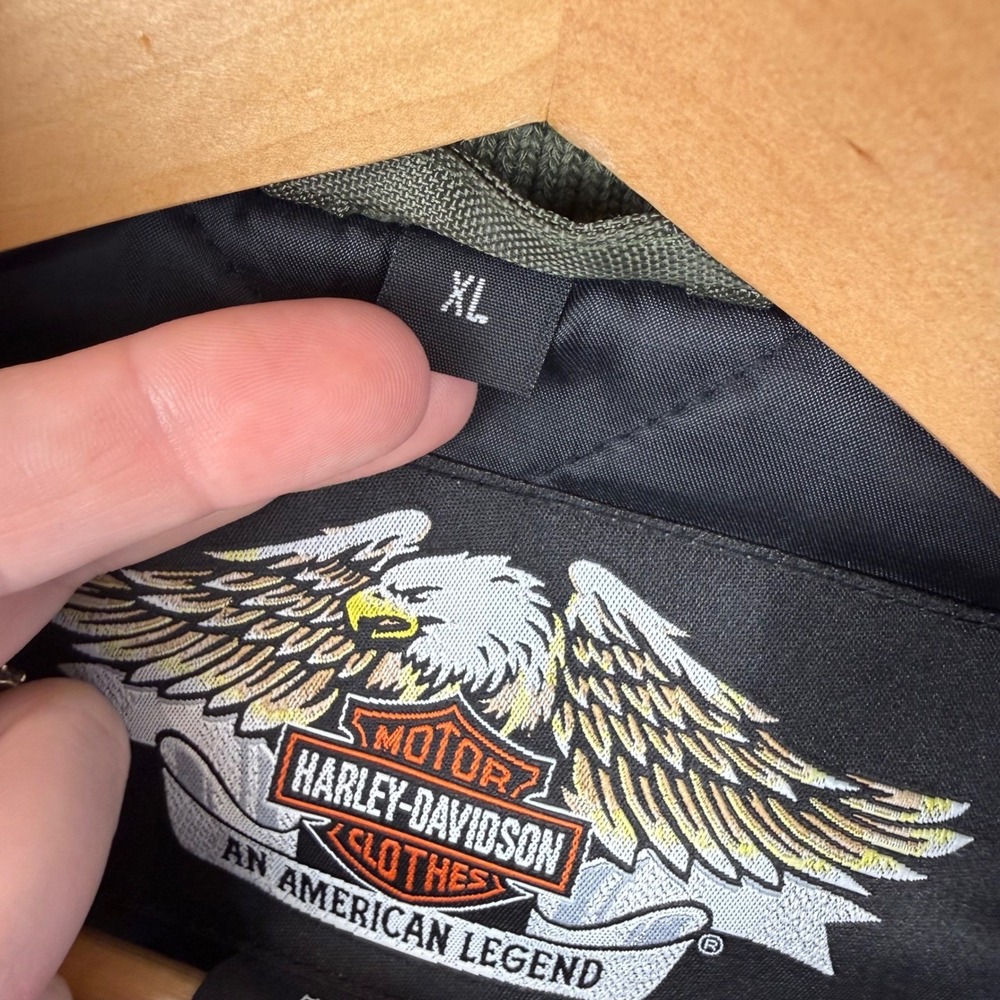 Harley-Davidson Mens XL Olive Green Nylon Bomber Jacket Embroidered Wing Logo - Picture 8 of 8